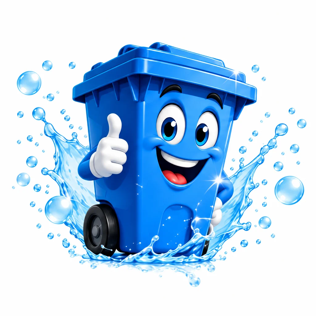 Smiling blue trash bin mascot giving a thumbs up in a splash of water