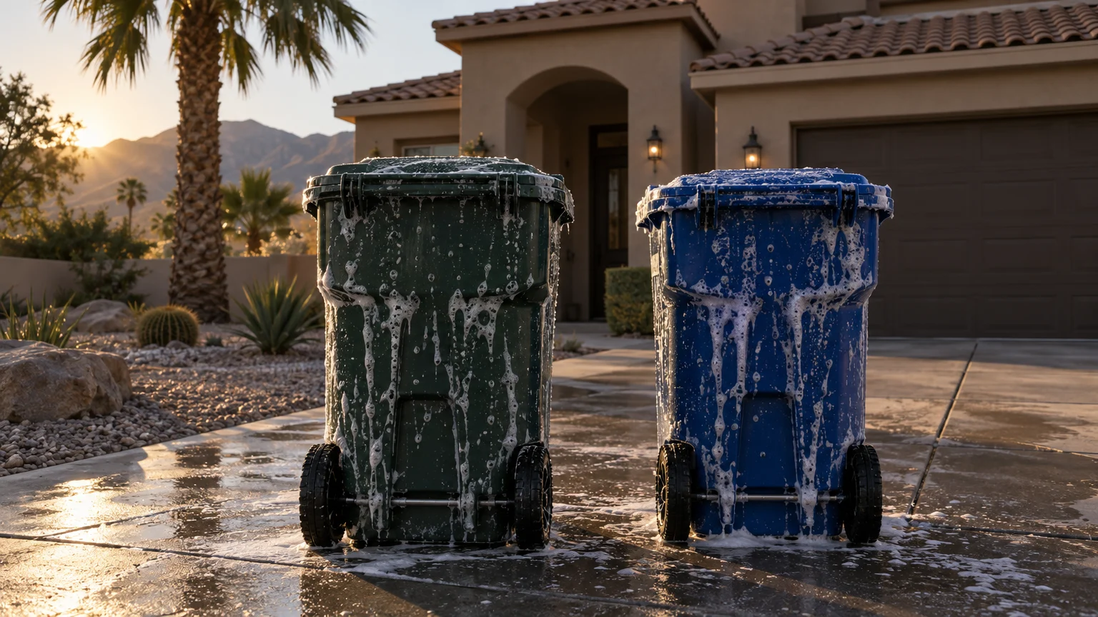 Green and blue trash bins covered in soap suds on a Coachella Valley driveway