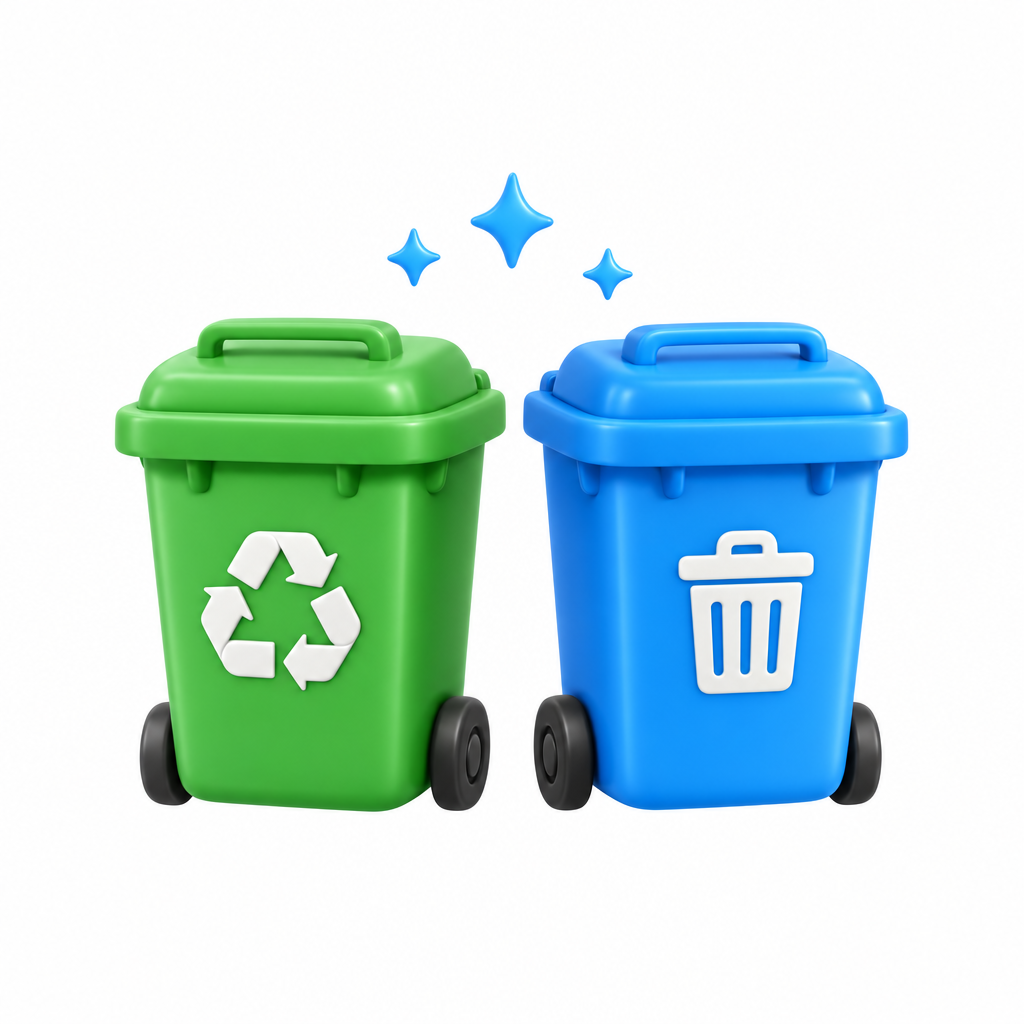 Green recycling bin and blue trash bin