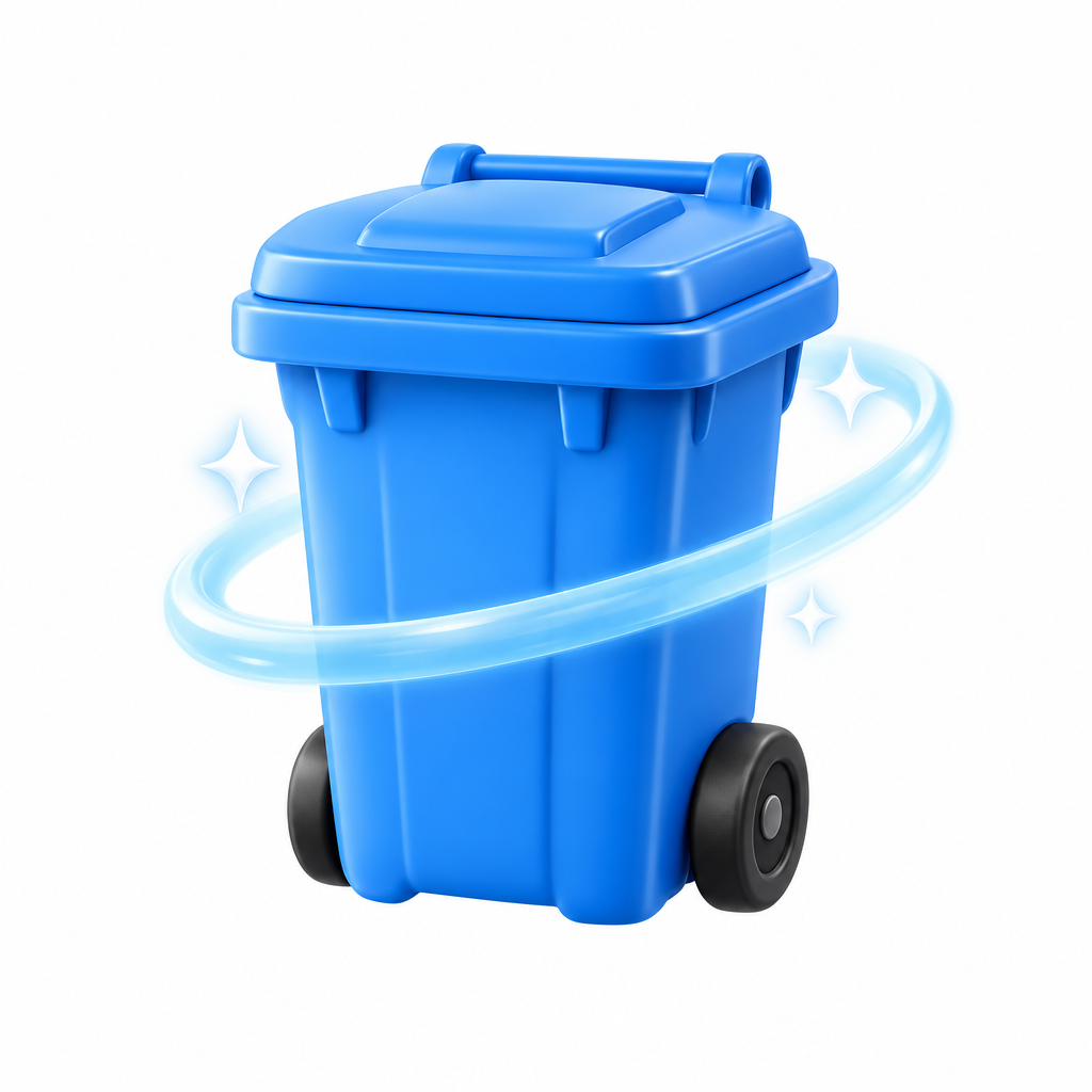 Freshly cleaned blue trash bin